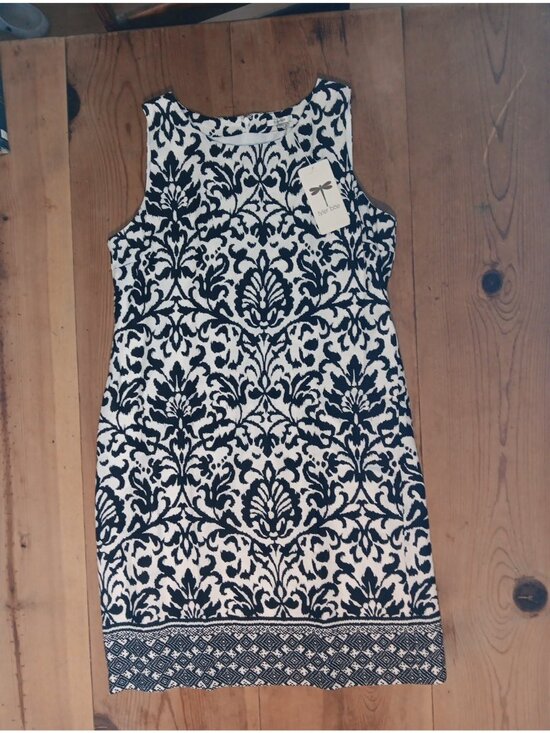 Tyler Boe Dresses & Skirts - Tyler Boe 100% Linen Shift Dress Womens L Black Damask Boho Print Sleeveless NWT